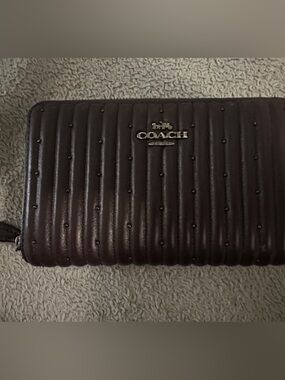 Coach Quilted Zip Wallet in Dark Brown with Stud Accents